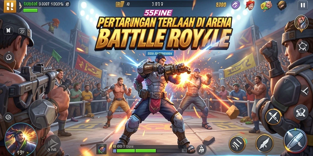 Screenshot 55FIVE menunjukkan aksi pertarungan di arena Battle Royale.