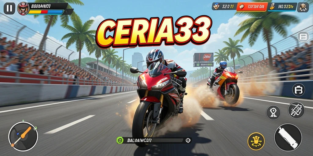 Screenshot CERIA33 menunjukkan petualangan balapan motor yang mendebarkan.