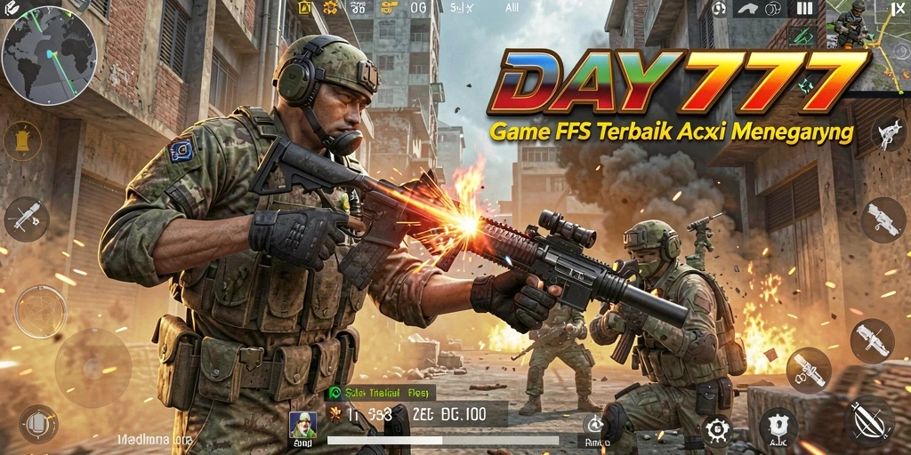 Tangkapan layar utama menunjukkan aksi menegangkan dalam DAY777.