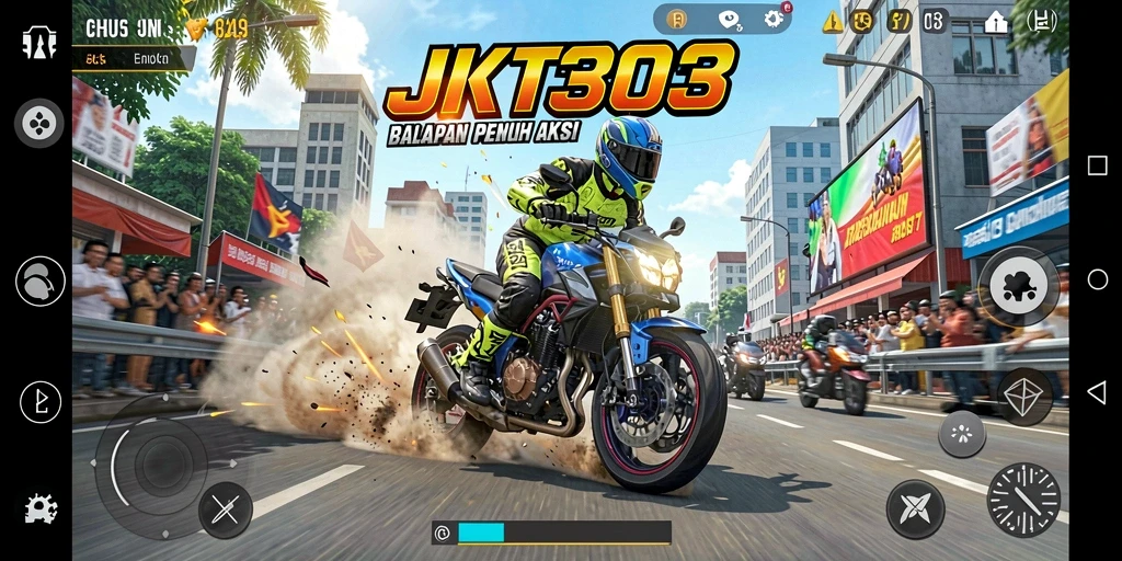 Tangkapan layar gameplay JKT303 yang menampilkan aksi balapan motor yang mendebarkan.