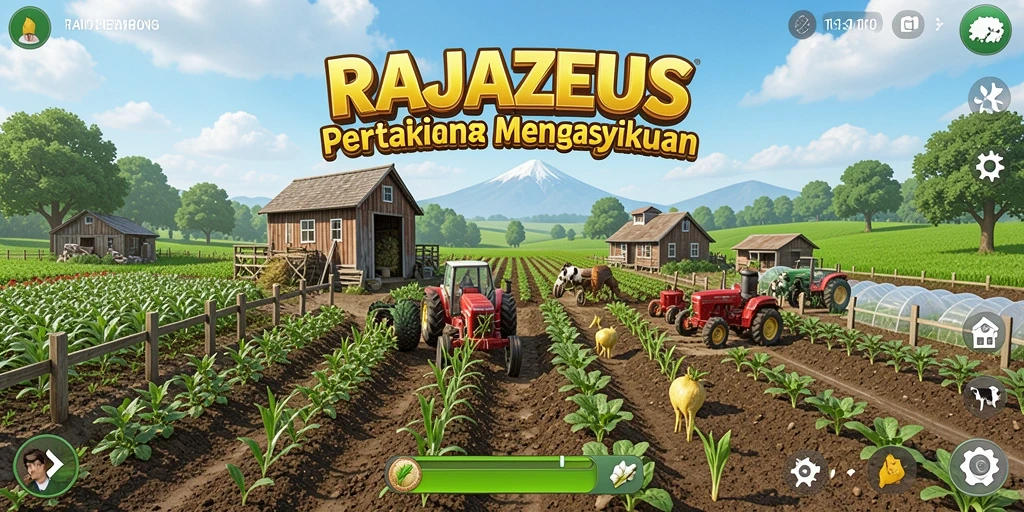 Tampilan gameplay <strong>RAJAZEUS</strong> yang menarik dengan aktivitas pertanian.