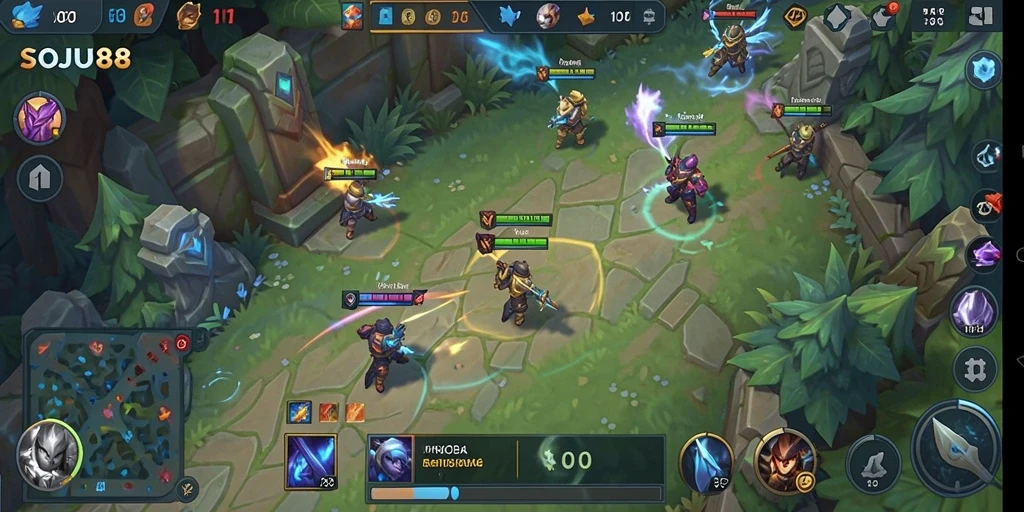 Tampilan menakjubkan dari game MOBA SOJU88 saat bertarung.