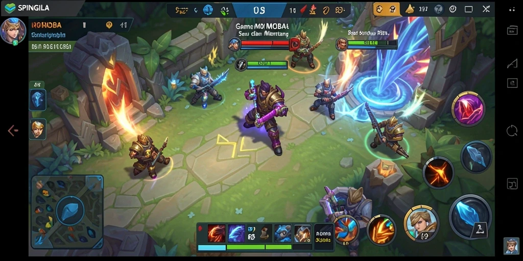 Screenshot gameplay SPINGILA yang menunjukkan pertempuran MOBA yang intens.