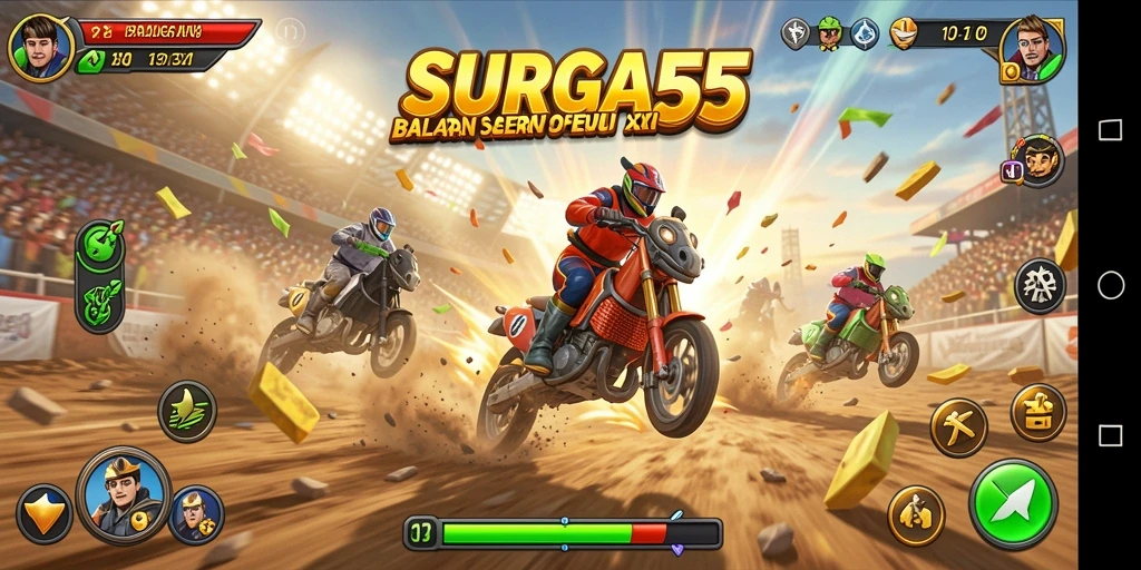 Tampilan gameplay SURGA55 dengan mobil balap yang melaju cepat di trek.